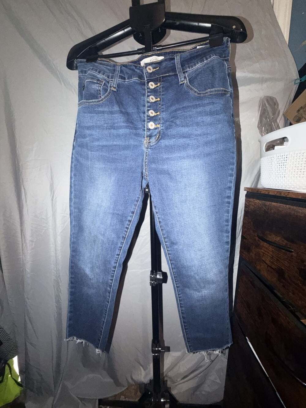 KanCan High Rise Button Fly Skinny Jeans Size 13/30 Blue Denim Raw Hem